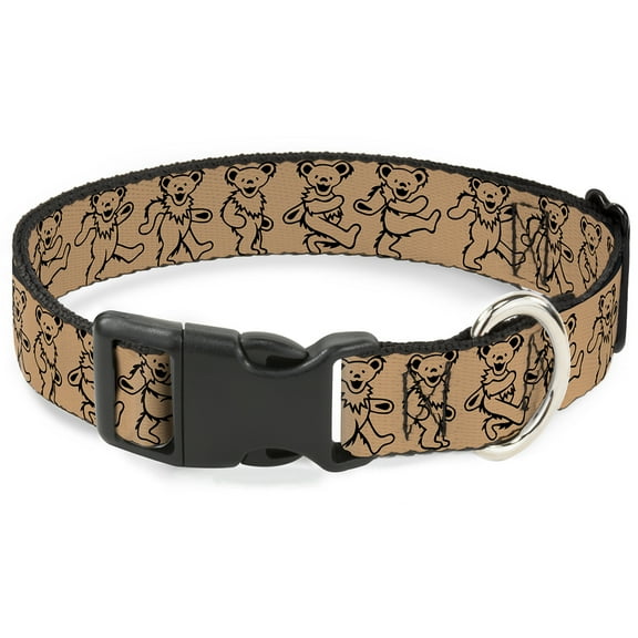 Grateful Dead Pet Collar, Dog Collar Plastic Buckle, Dancing Bears Tan Black, 7 to 8.5 Inches 0.5 Inch Wide