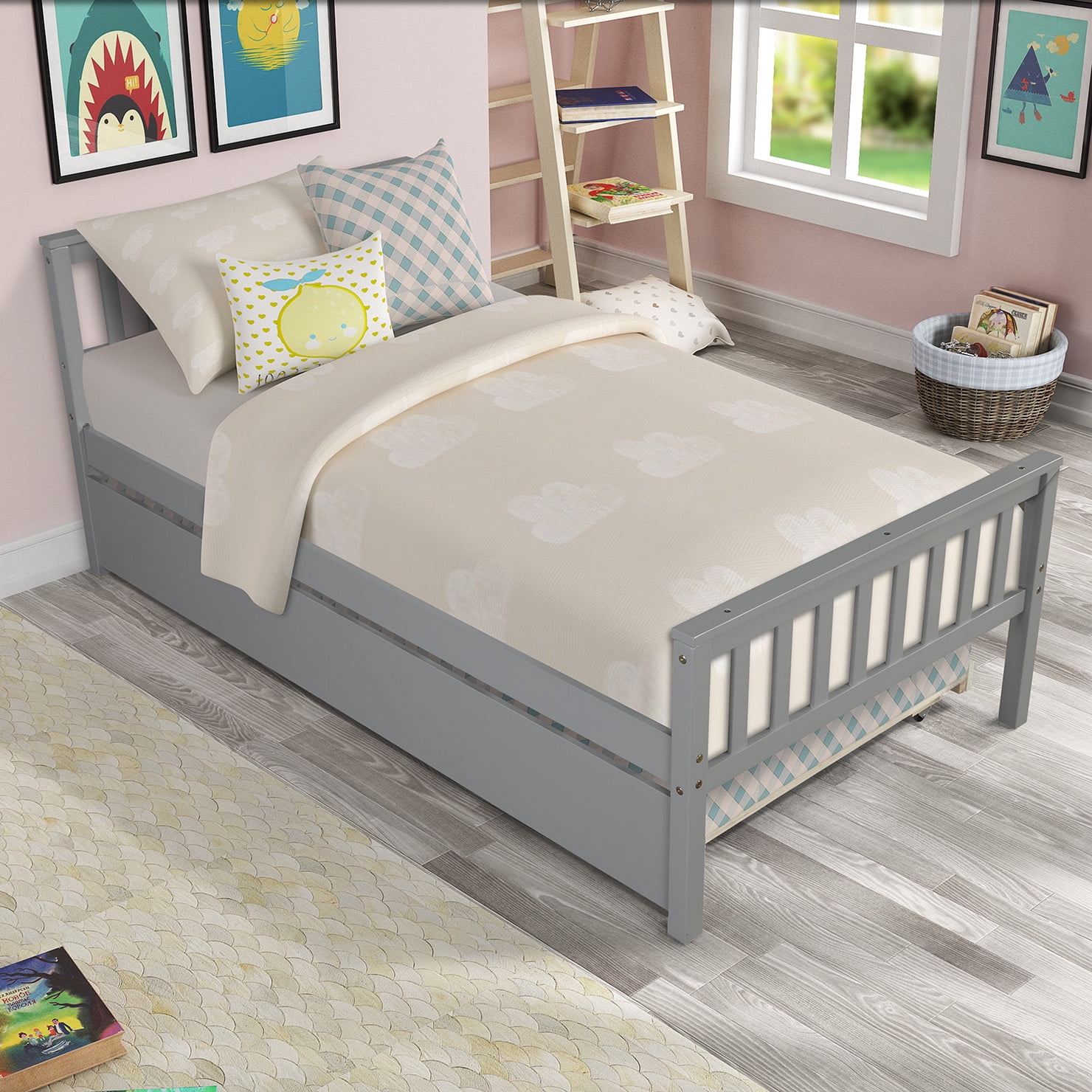 Sailvan Twin Bed with Trundle, Solid Wood Platform Bed Frame with Headboard, No Box Spring Needed Grey