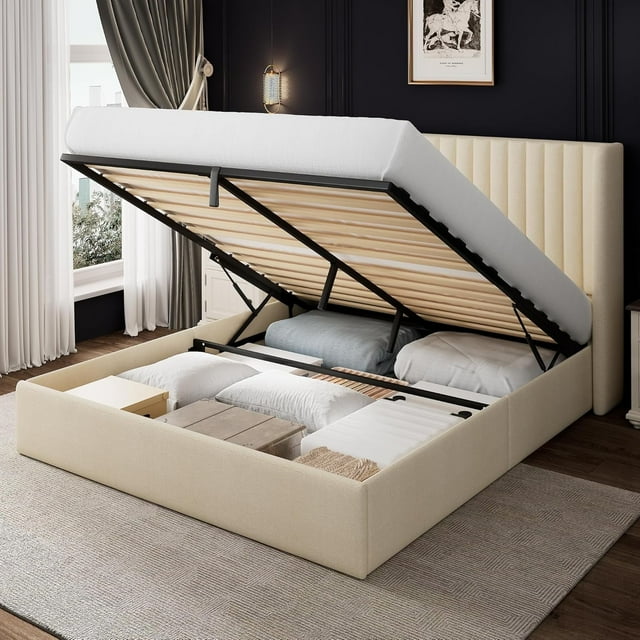 iPormis Cadre de Lit Format Grand avec Rangement Relevable et Tête de Lit à Ailes, Cadre de Lit en Lin Rembourré avec Rangement, Rangement Hydraulique, Beige