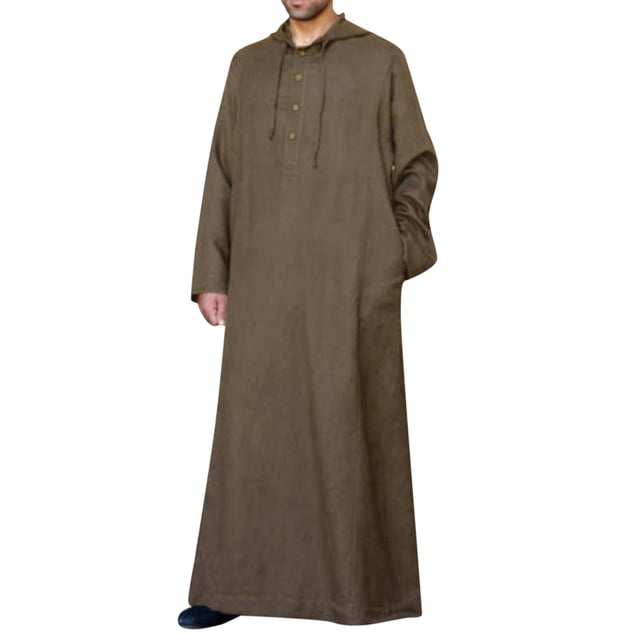 Thobe Jubba pour Homme à Manches Longues, Blouse Décontractée à Boutons, Chemise Habillée à Capuche avec Poche pour Tenue Formelle