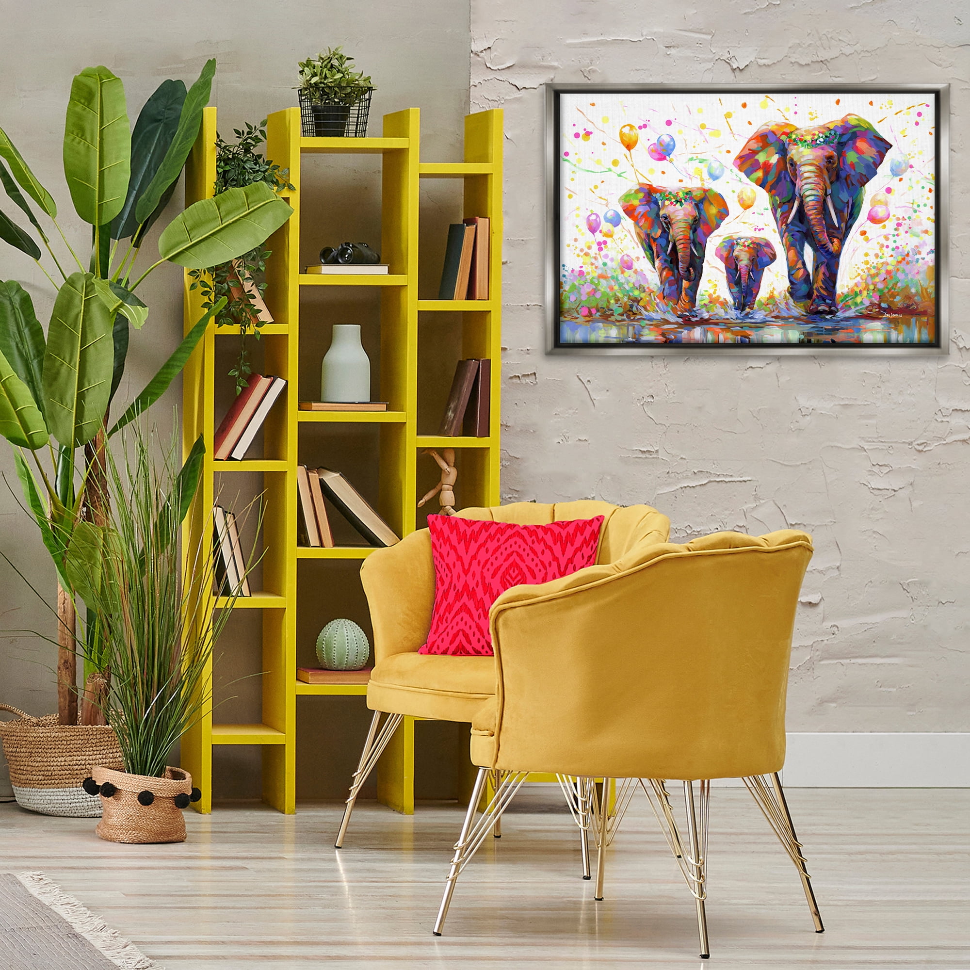 Stupell Industries Elephants & Celebration Balloons Animals & Insects Painting Gray Floater Framed Canvas Art Print Wall Art, 31 x 21