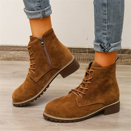 

Ankle Boots Ladies Vintage Solid Flock Lace Up Side Zipper Thick Heel Fashion Short Boots