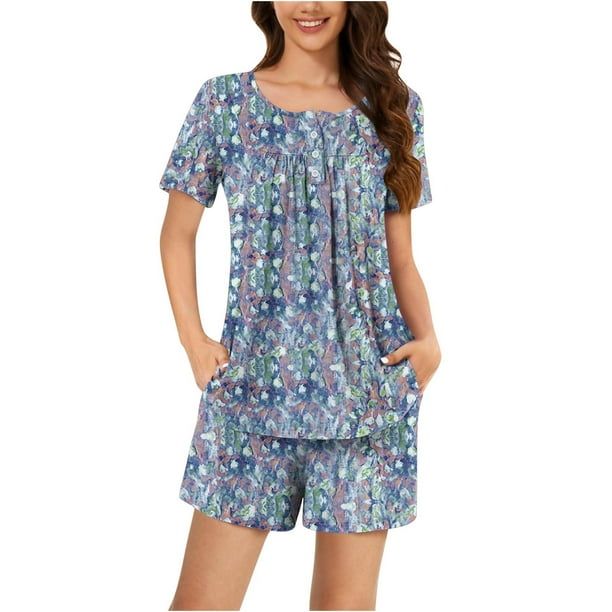 Conjunto de Ropa de Salón de las Mujeres Impreso Cuello Redondo Manga Corta Superior Y Pantalones, Ropa de Casa Suave Dos Piezas