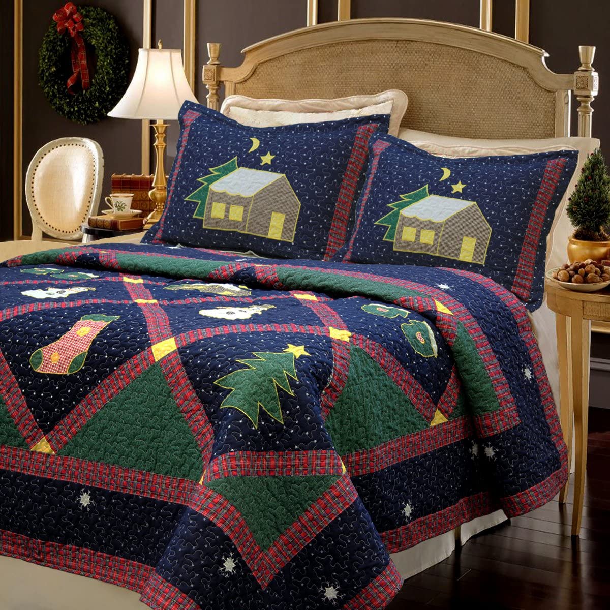 Cozy Line Home Fashions Christmas Night 3-Piece Cotton Quilt Bedding Set, Coverlet, Bedspread 
