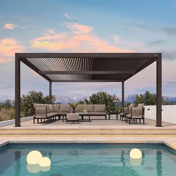 PURPLE LEAF 12' x 16' Louvered Pergola Outdoor Adjustable Louvre Shade Modern Aluminum Retractable Hardtop Roof for Deck Backyard Garden Bronze