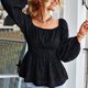 thumbnail image 4 of Mujeres largo puff mangas Camisas escote elástico de alta cintura una línea multi capas hem elegante Top negro M, 4 of 7