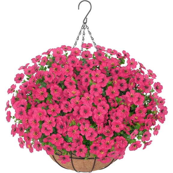 Artificial Hanging Flowers for Outdoors, UV Resistant Silk Flowers Basket Purple Faux Daisy with Eucalyptus Leaves Hanging Fake Plants for Porch Balcony Patio Home Spring Summer Decoration