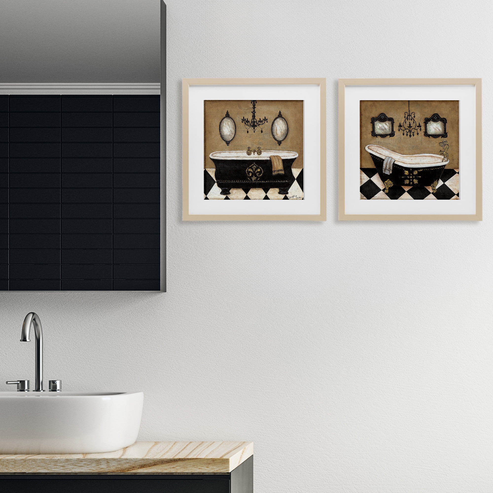 Stupell Industries Elegant Bathroom with Chandeliers 2 Piece Birch Framed Print Under Glass Set, design by Janet Tava