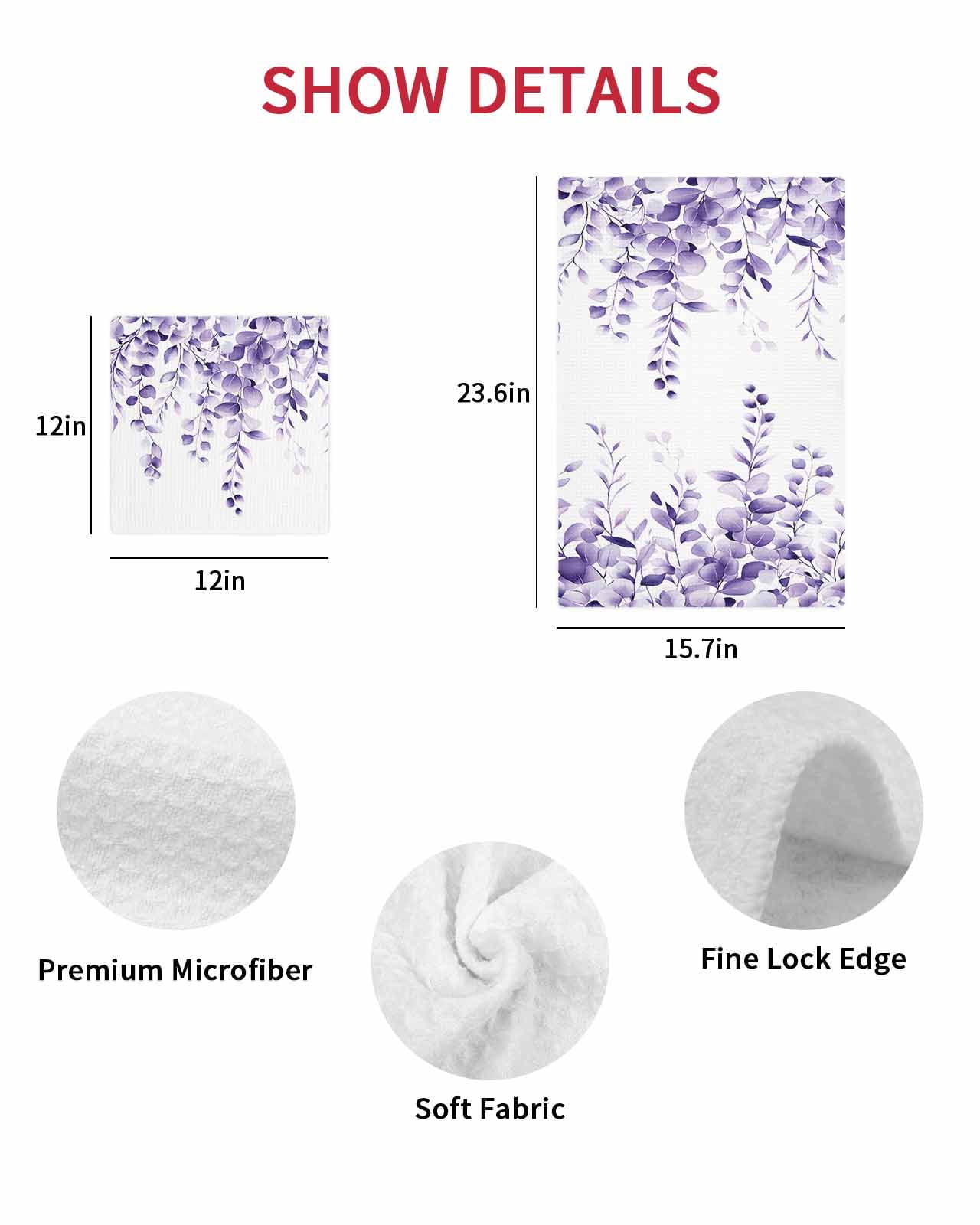 Purple Eucalyptus Dish Towels Set, Waffle Weave Kitchen Towels 4 Pieces, Botanical Plant Rustic Branch Floral Microfiber Hair Face Bath Tea Towel Absorbent Quick Drying Cleaning Dish Cloths 12"x12"