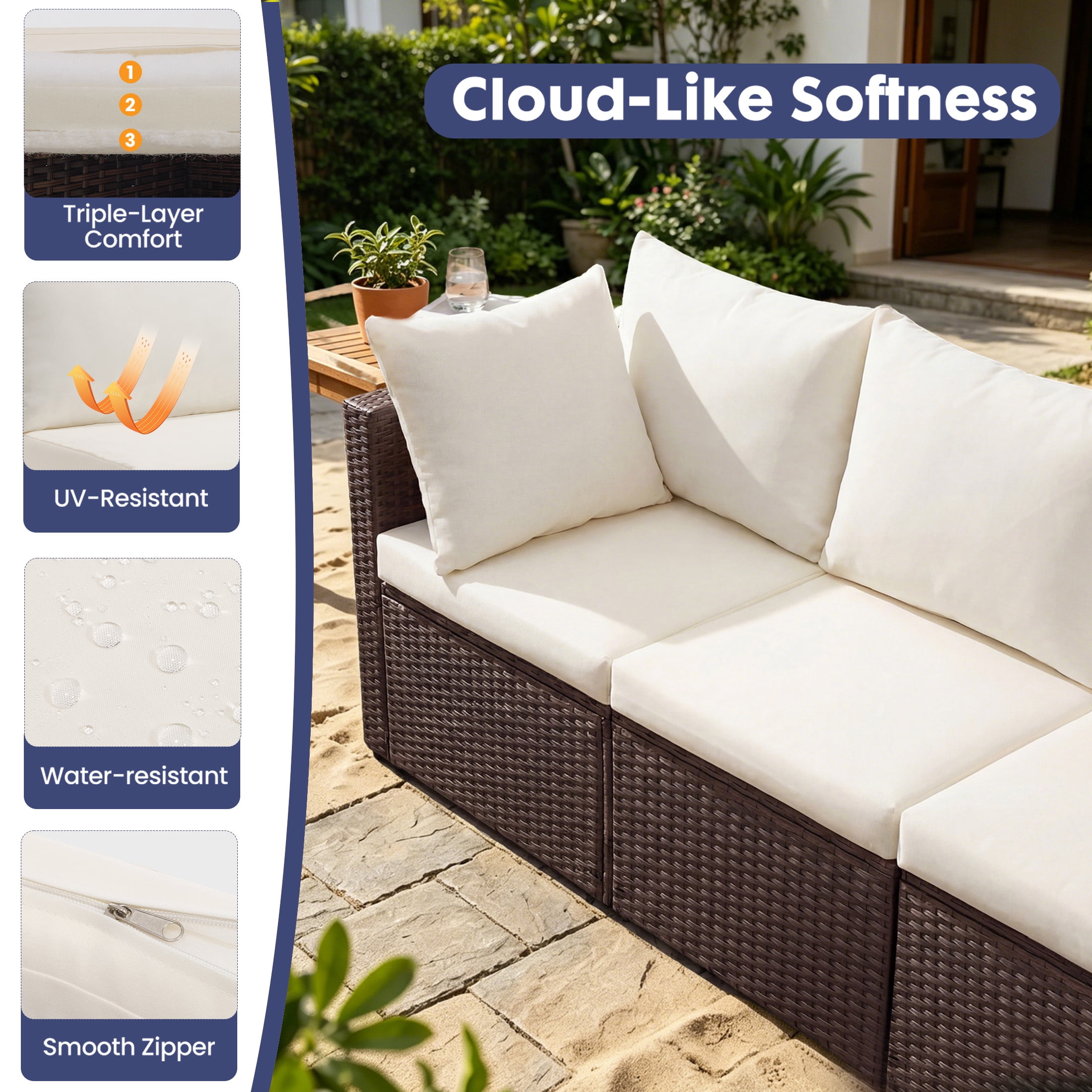 EDX 7 Piece Outdoor Wicker Patio Furniture Set, PE Rattan Sectional Conversation Set with Tempered Glass Coffee Table, Washable Cushions & Pillows for Backyard, Garden, Poolside, Brown
