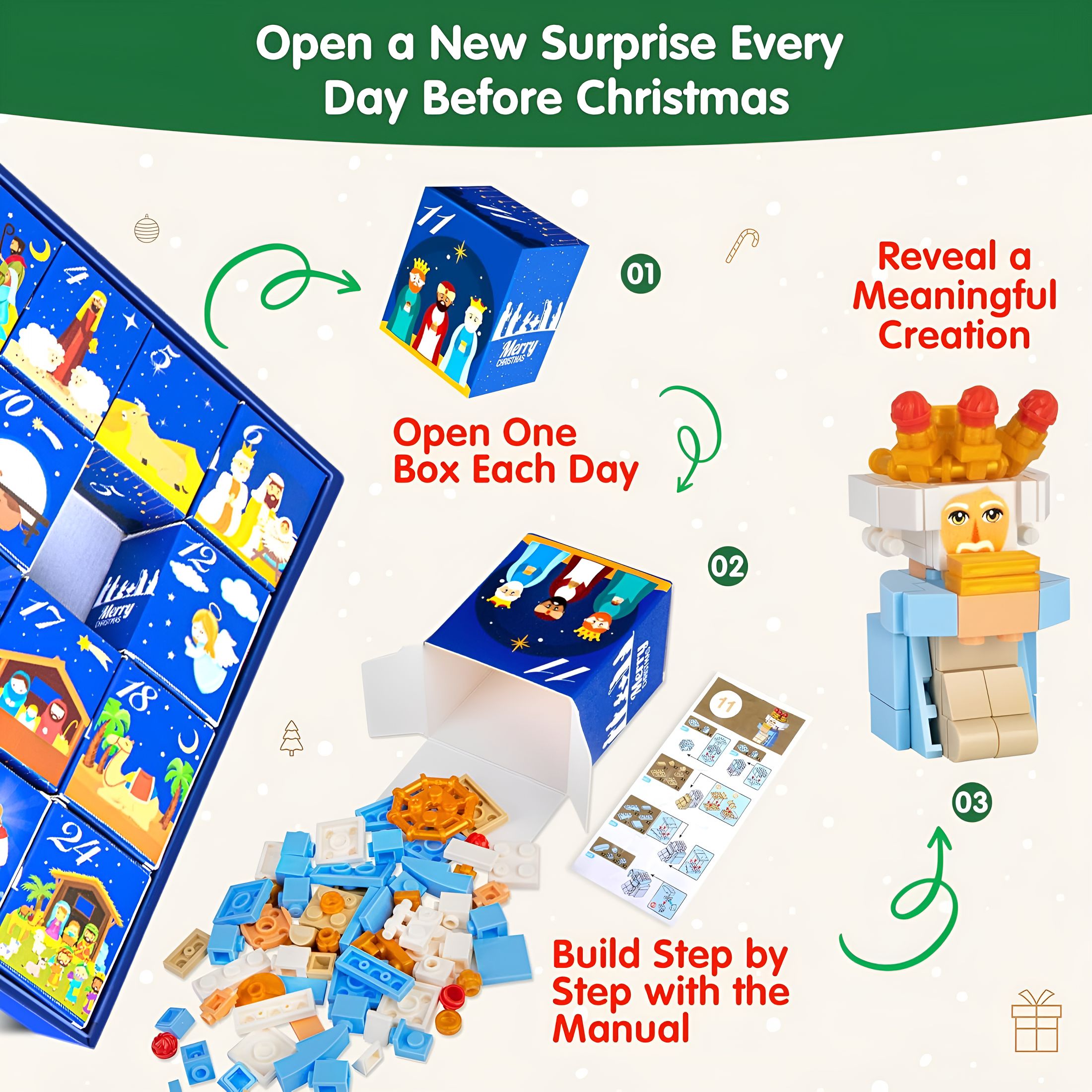 BESTSKY 2026 New Christmas Nativity Advent Calendarkids-24 Days Building Blocks Kits Countdown Calendar Set- Toy Advent Calendar