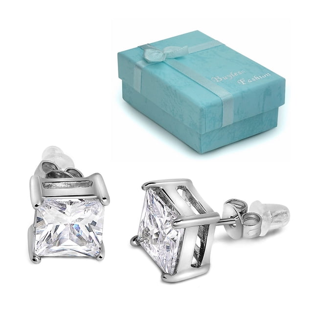 Buyless Fashion Girls Stud Earrings Silver White Squared Crystal CZ In Gift Box - ECZSWHT4X4