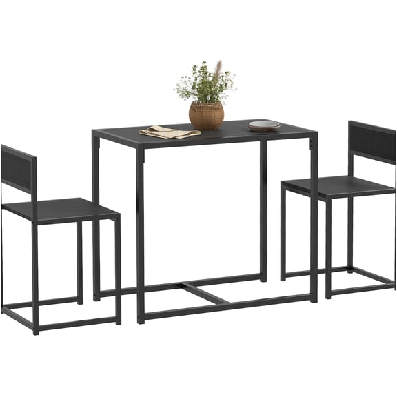 JERFIT Industrial Dining Table Set for 2, Small Kitchen Table and Chairs with Footrest, MDF Top and Metal Legs, Black Bistro Set for Small Spaces