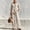 Beige, variant on Women's 2 Piece Linen Matching Set V Neck Ruffle 3/4 Sleeve Button Down Gingham Plaid Top Wide Leg Pants Casual Outfit, L