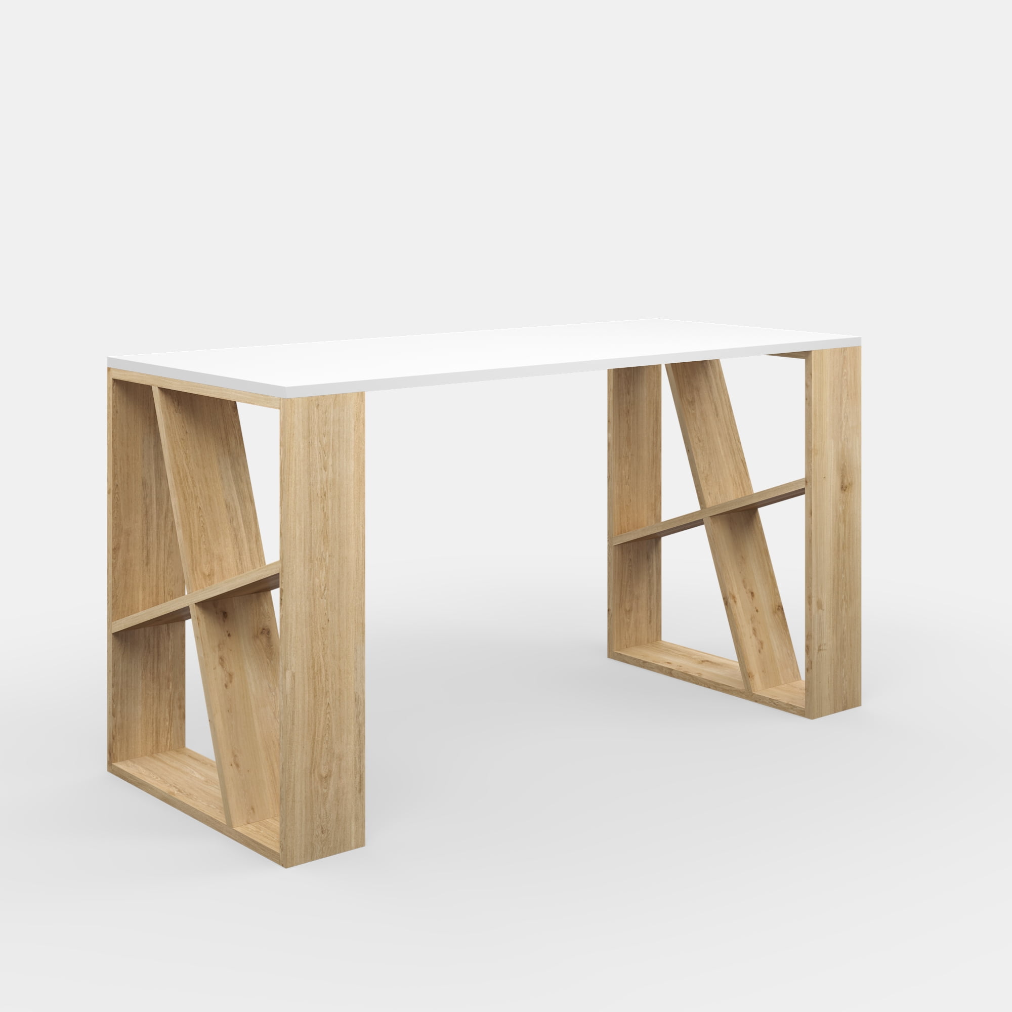 Ada Home Decor Minimalist Home Office Computer Desk Workstation with 2 Shelves 8-Cube Bookcase, White/Oak