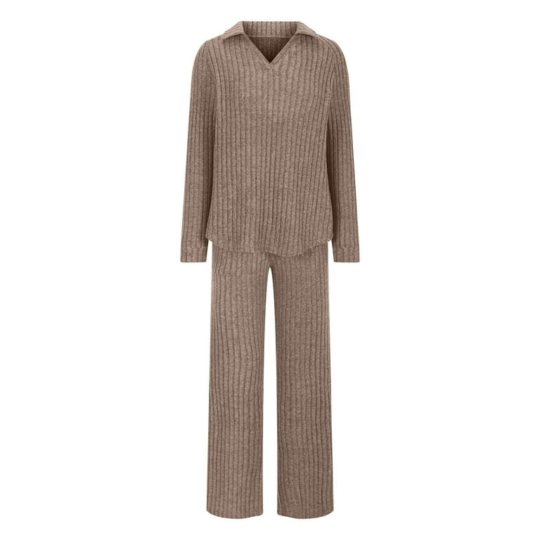 Two Piece Lounge Set for Women V-Neck Long Sleeve Ribbed Knit Top