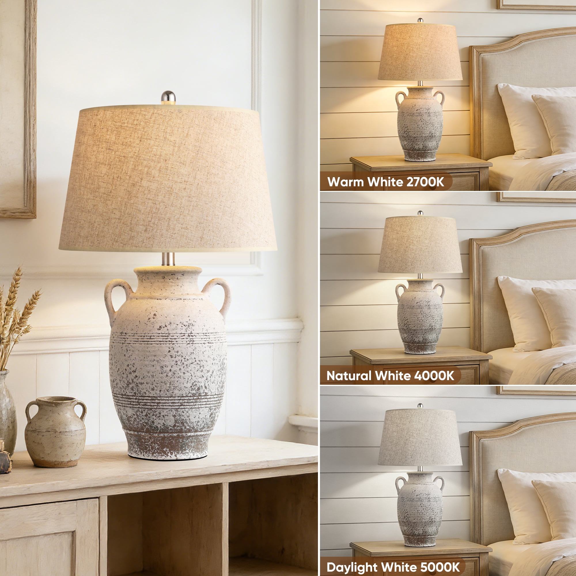 26in Farmhouse Ceramic Table Lamp, 3-Way Dimmable Bulb Included, Rustic Bedside Light for Bedroom Living Room