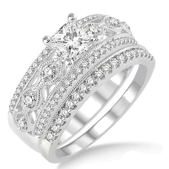 2.00 Carat Antique Bridal Set Engagement Ring with Round Cut Diamond in 10k White Gold