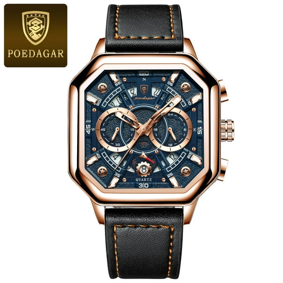 POEDAGAR Chronograph Square Man Watch Waterproof Luminous Date Sports Leather Men's Quartz Watches