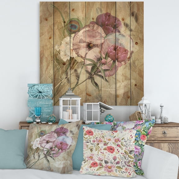 Designart 'Iris Bouquet Floral Design With Peacock Feather' Traditional Print on Natural Pine Wood