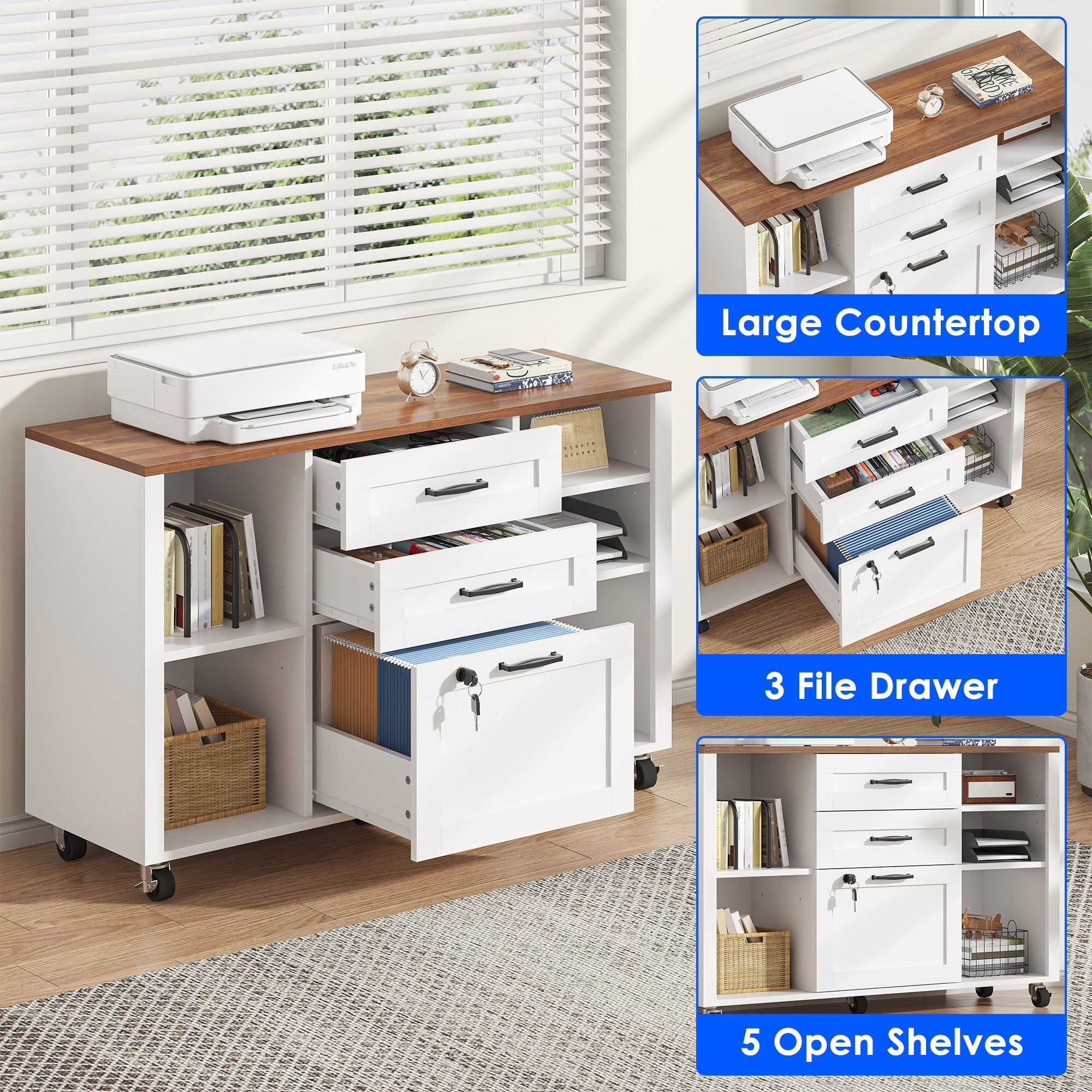 Modfurne 3 Drawer Wood Mobile Large lateral File Cabinet, Lockable Rolling Filing Cabinet, Printer Stand Home Office Storage Fits Files Legal/A4 (White)