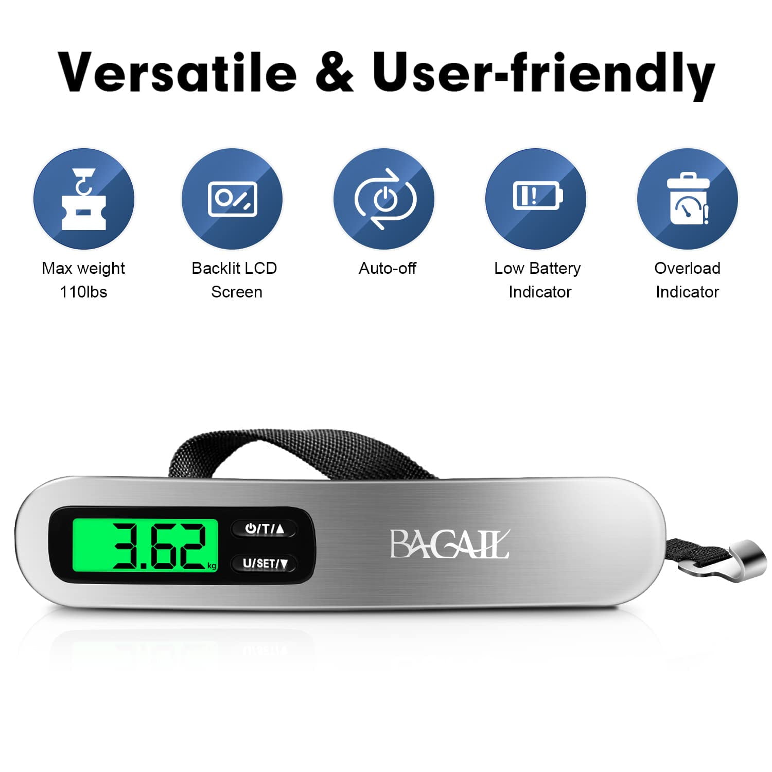  BAGAIL Digital Luggage Scale, Hanging Baggage Scale with  Backlit LCD Display, Travel Weight Scale, Portable Suitcase Weighing Scale  with Hook, 110 Lb Capacity, Battery Included -Black