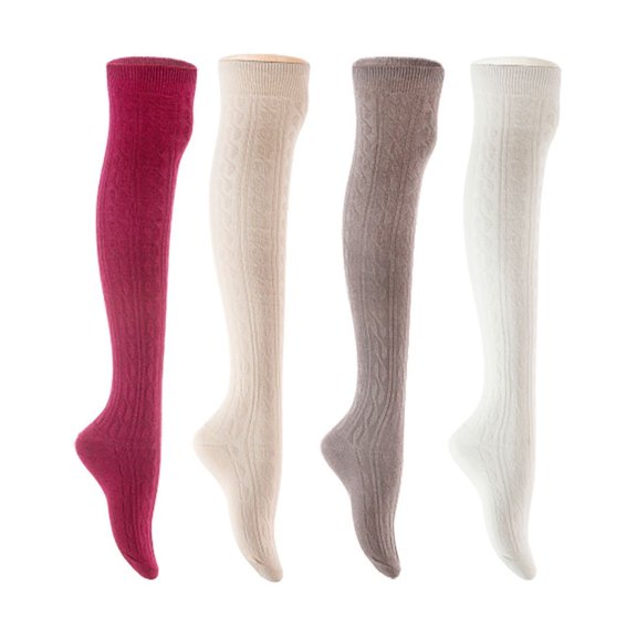Lian LifeStyle Women's 4 Pair Adorable Comfortable Soft Thigh High Over Knee High Cotton Socks Size 6-9 L1024 Wine,Cream,Dark Grey,White