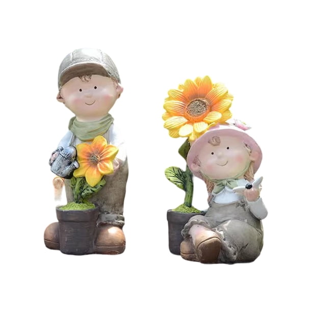 Escultura de jardín para exteriores con forma de parterre de flores, estatua de resina divertida y bonita para niño y niña, figura en miniatura para Rosa