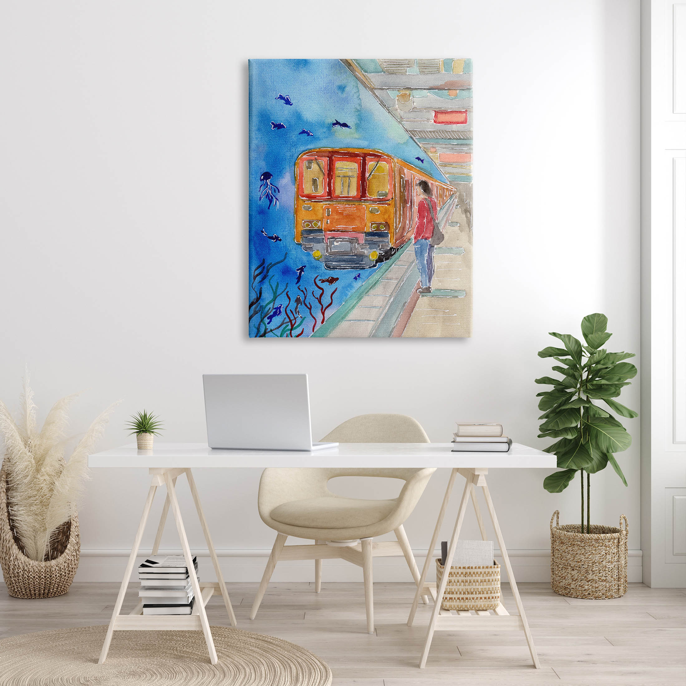 Underwater Aquarium Subway Train Landscape Painting Gallery Wrapped Canvas Print Wall Art