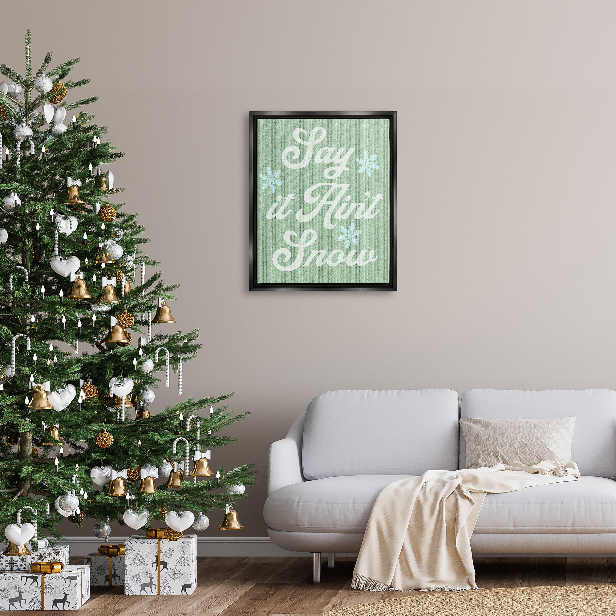 Stupell Industries Green Say It Ain't Snow Holiday Painting Black Floater Framed Canvas Art Print Wall Art, 25 x 31