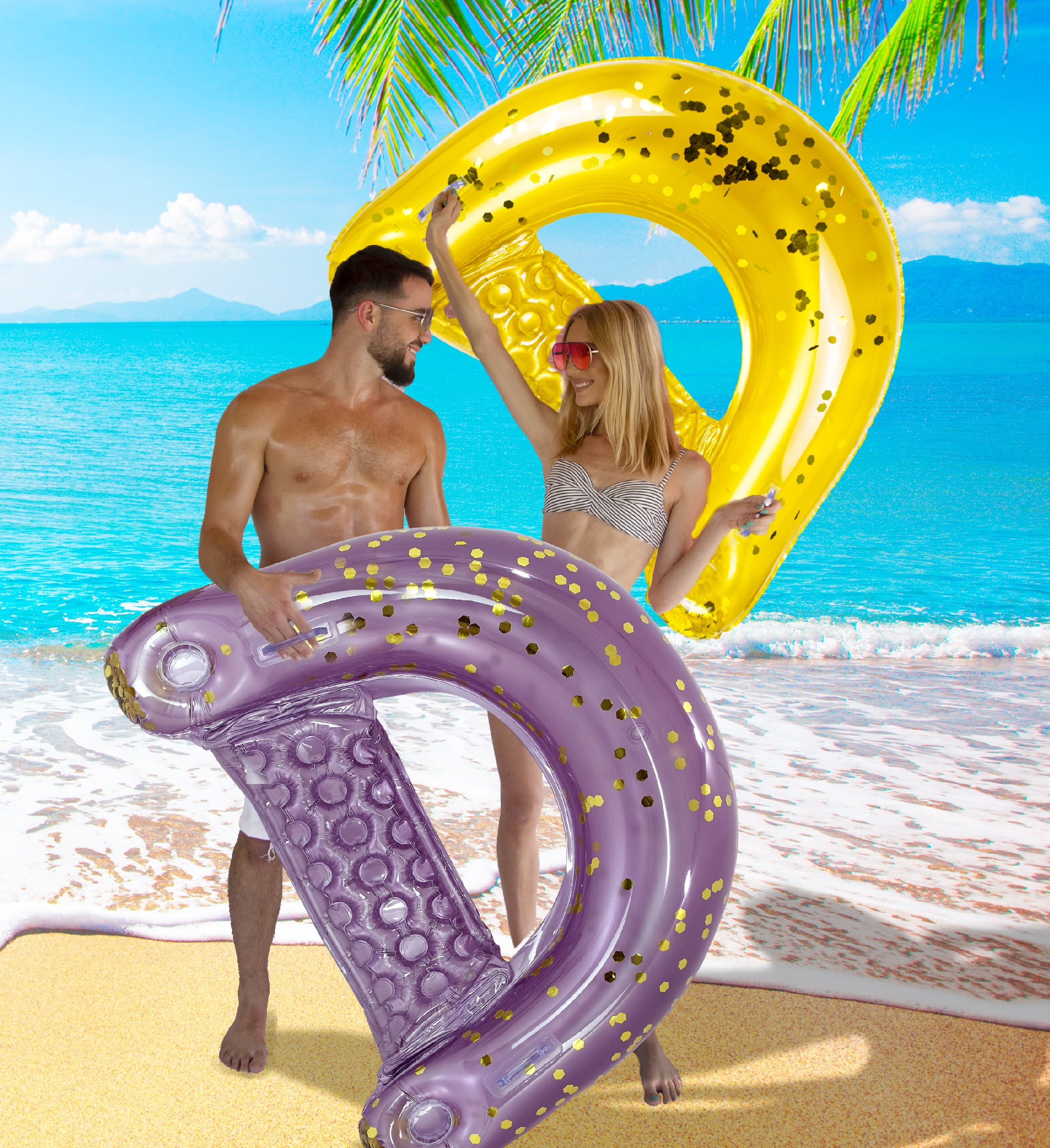 POZA Inflatable Pool Float Chair - Sparkle Confetti Lounge Inflatable Pool Floats, 2 Built-In Cup Holders and Handles, Adult Lounger Floating Chair for Beach, Lake - 48x38 Inches - Purple Gold