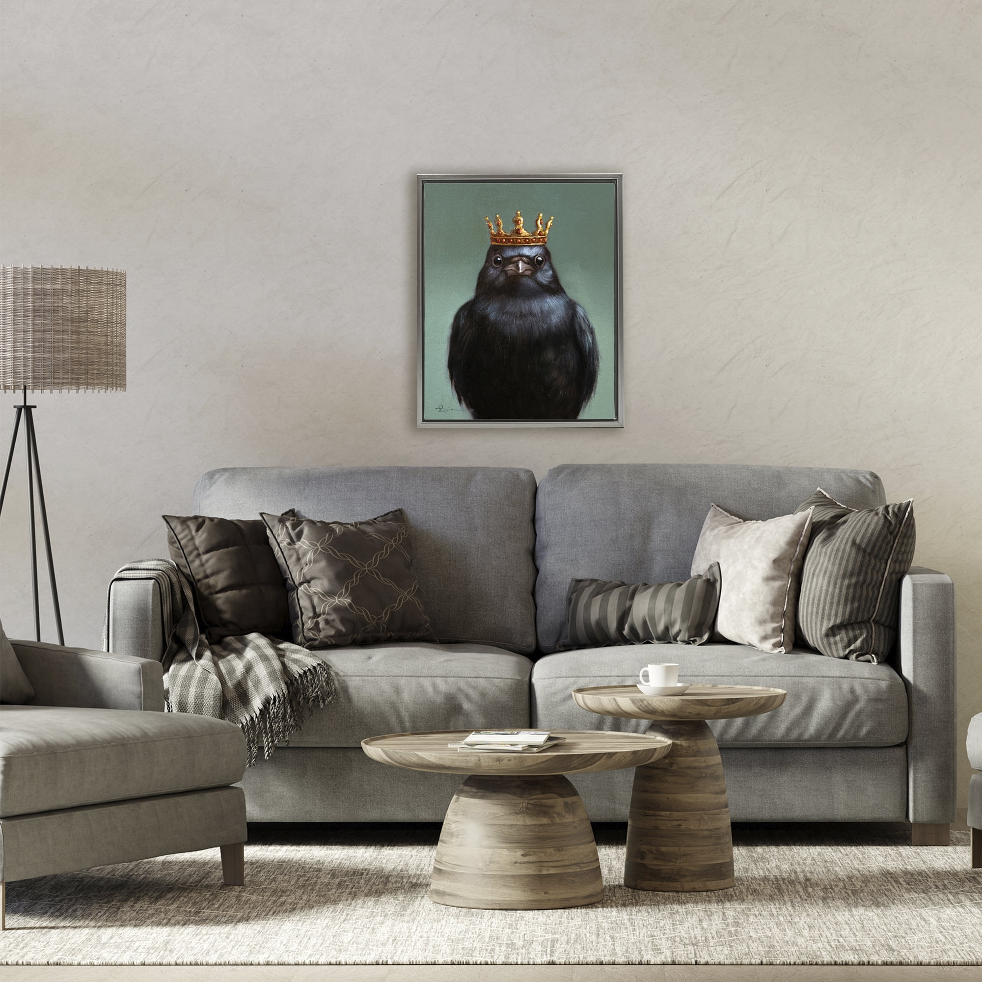 King Crow Portrait Gray Framed Floater Canvas Wall Art, design by Lucia Heffernan