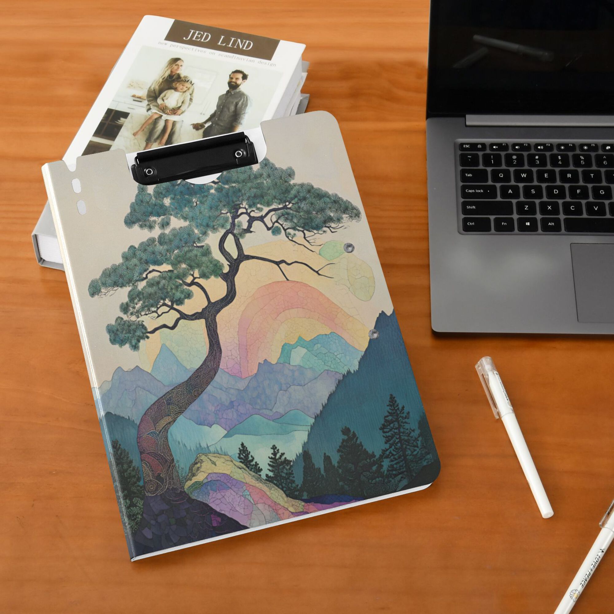 FORMRS A4 Clipboard Folder with Pen Holder Horizontal Foldable School Office Binder, Pine Tree Rainbow