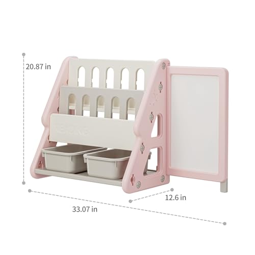 UNICOO® Toddler 3 in 1 Art Board Bookshelf and Organizer, 2-Tier Bookshelves with Storage Rack & Bins, Retractable Drawing Board, Lightweight & Compact for Nursery, Playroom (Pink & White)
