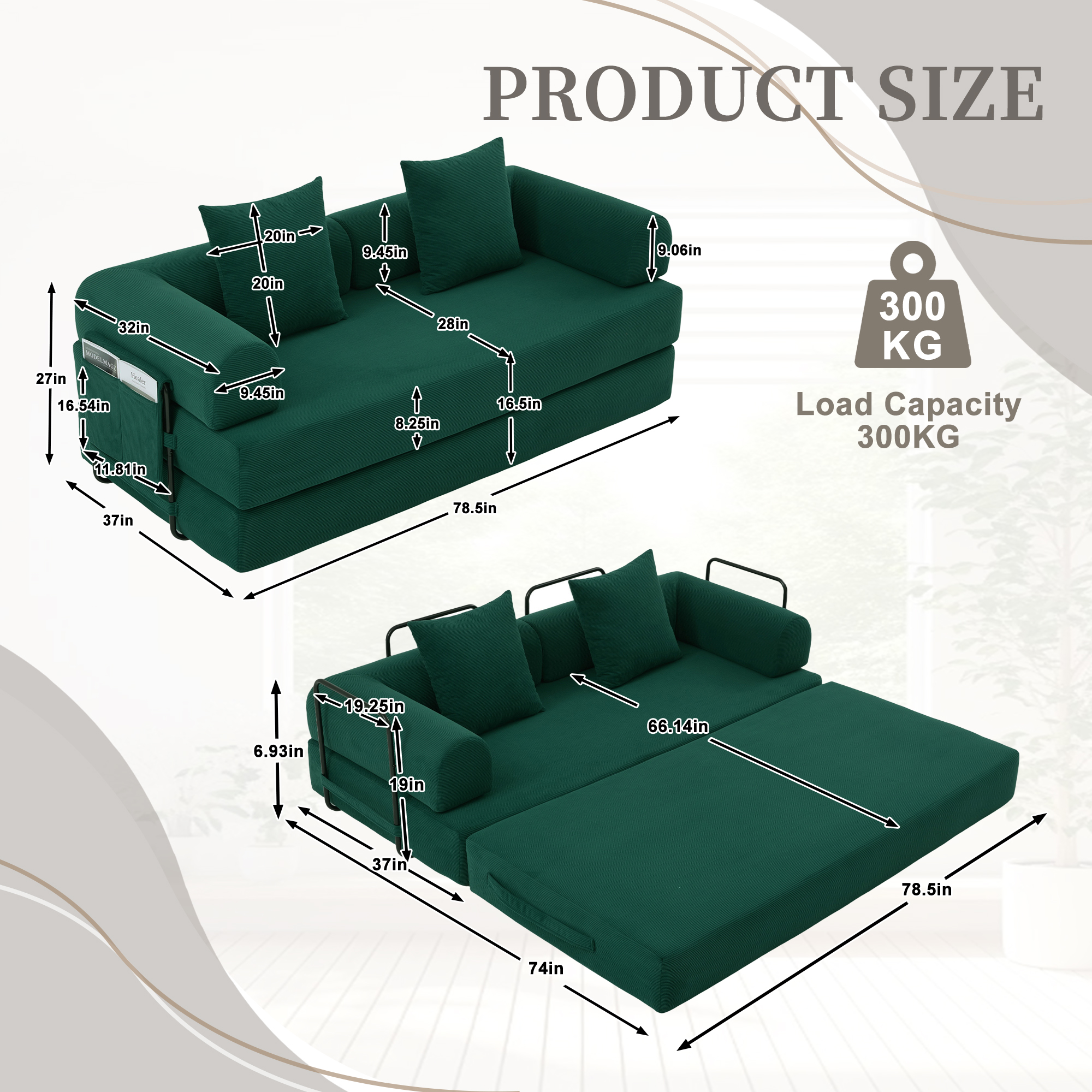 MOONMISS Corduroy Upholstered Modern Comfort Foldable Compressible Sofa Bed with Sturdy Metal Frame-Emerald
