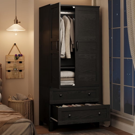 Armoire Wardrobe Closet with 2 Drawers,72 in Wooden Wardrobe Cabinet with Hanging Rod, Tall Clothing Armoire Cabinet with Doors and 18 Adjustable Shelves for Bedroom, Clothes, Black