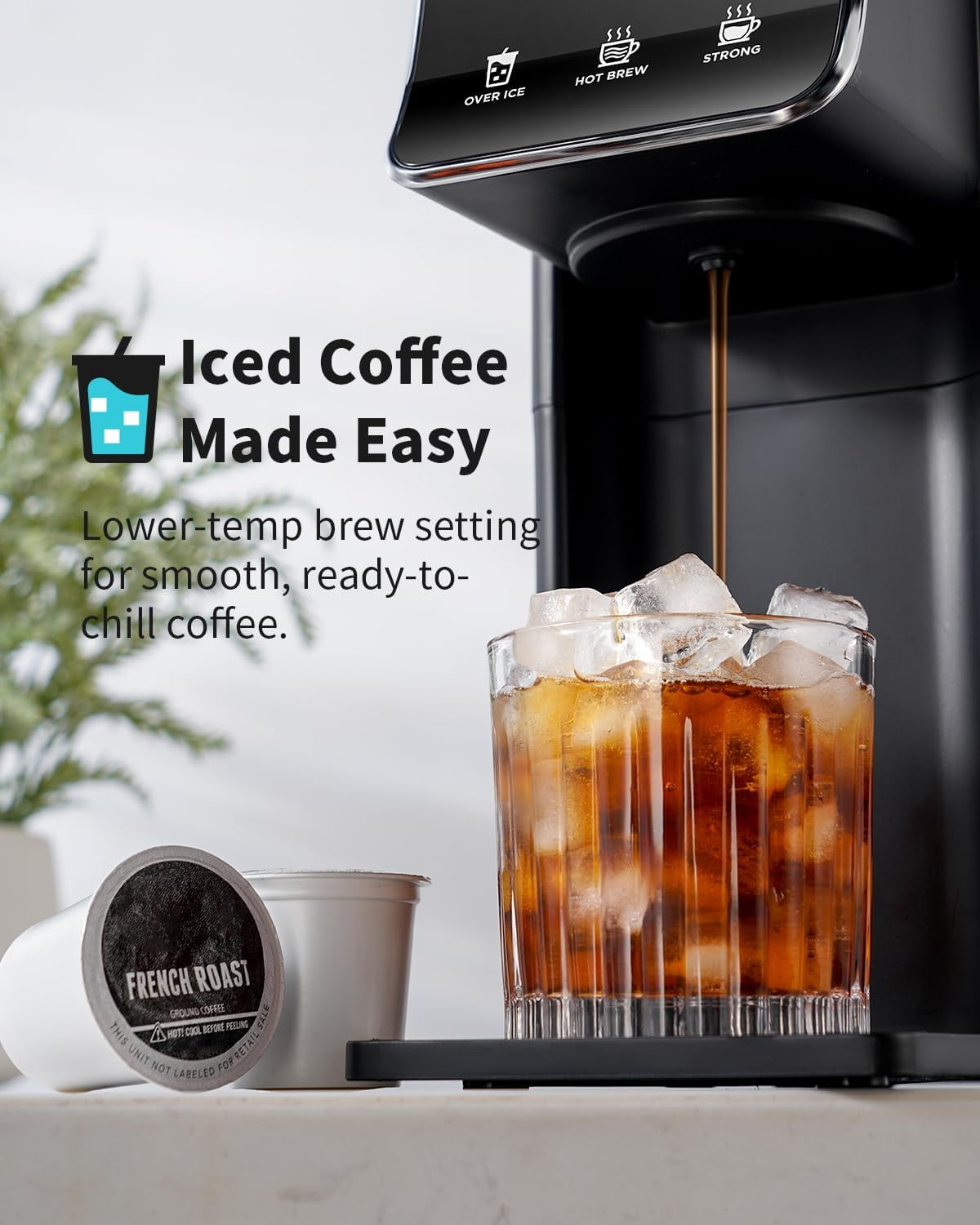 Hot Iced Coffee Maker, K-Cups Ground Coffee, Single-Serve Brewer with Bold Setting, Reusable Filter, Travel Mug Friendly, Compact Quick Brew, Black
