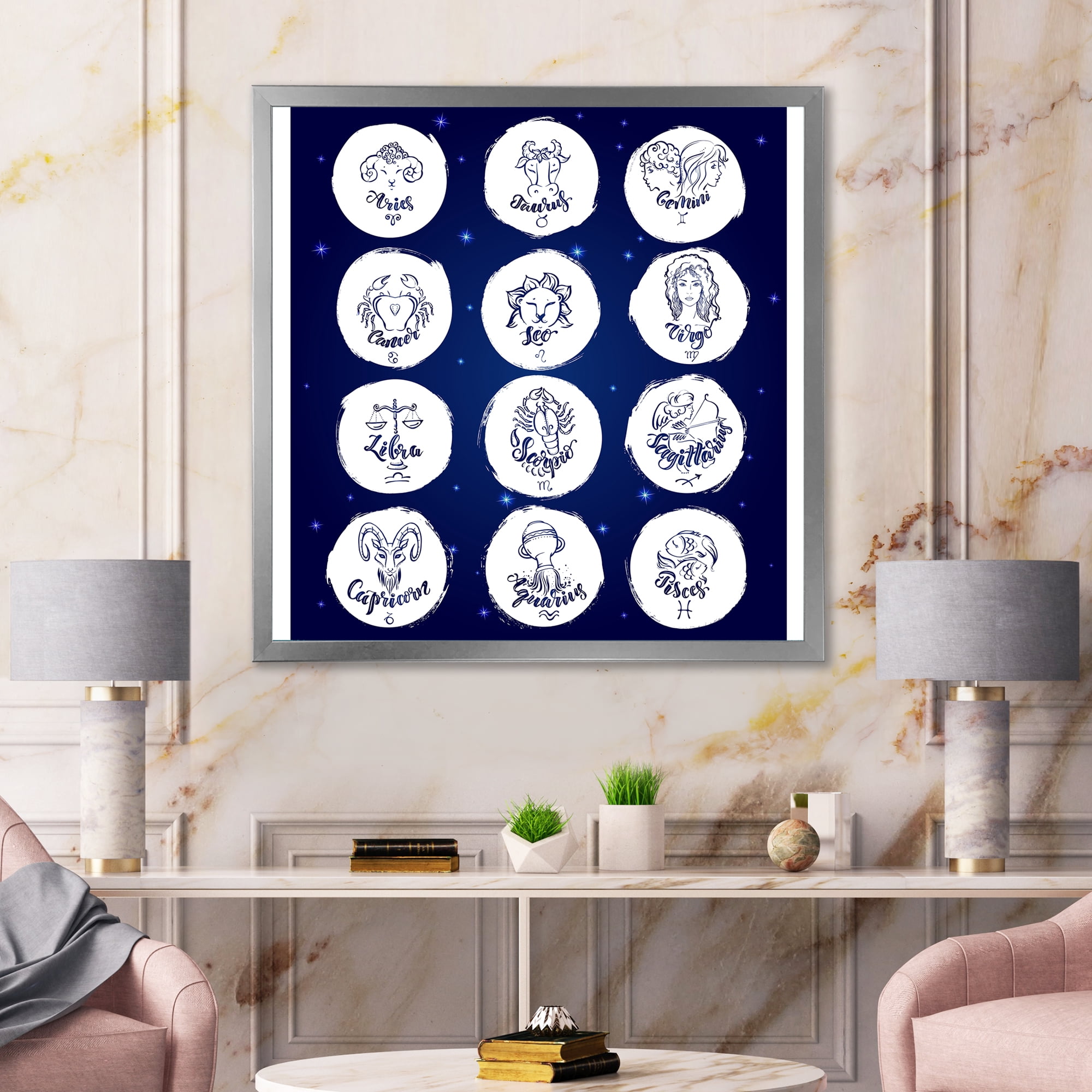 Designart 'Zodiac Diagram & Signs On Blue' Modern Framed Art Print