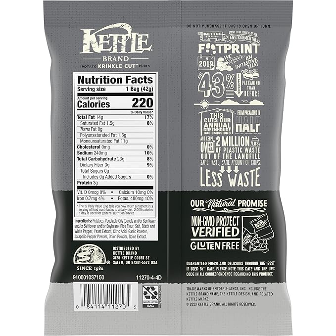 Kettle Brand Potato Chips - Sea Salt and Crushed Black Pepper - Case of 24 - 1.5 oz.