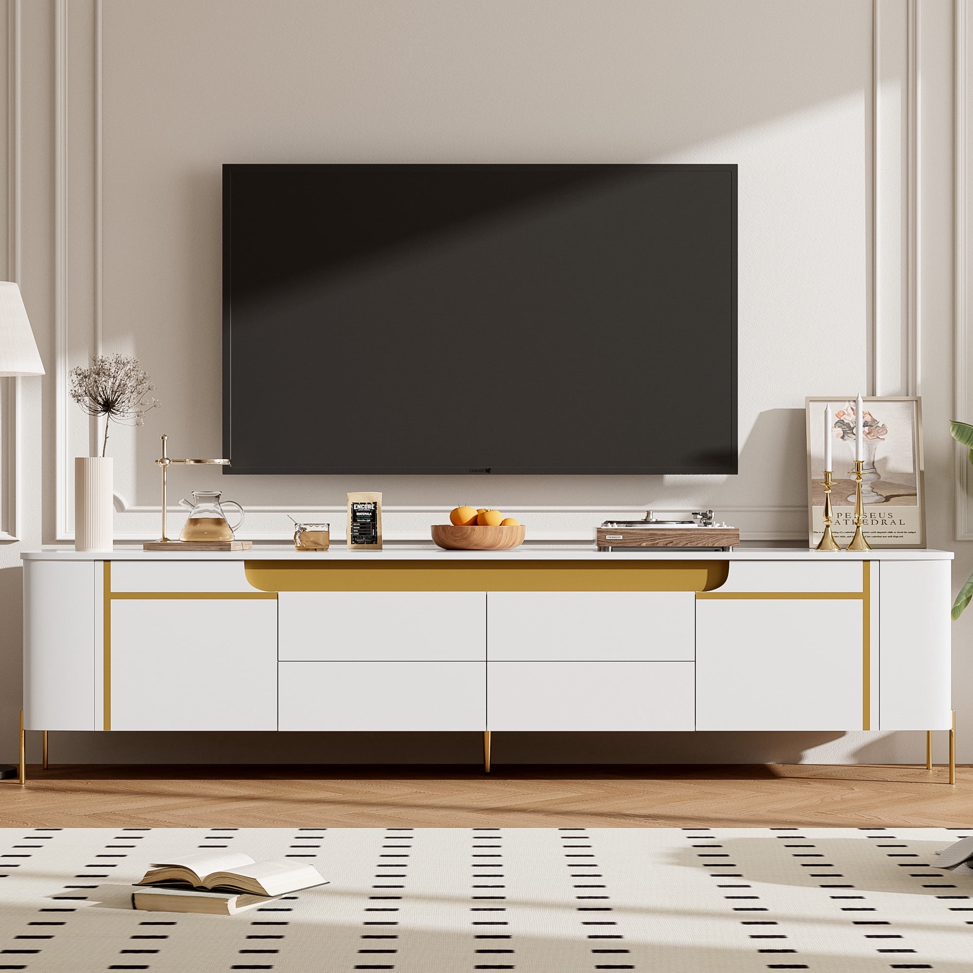 Euroco Light Luxury TV Stand with 2 Cabinets and 4 Drawers – Gold Metal Legs, Cable Management, Concealed Handles – Modern Entertainment Center for Living Room