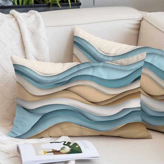 Teal Beige Ombre Pillow Covers 20x30 Inch, Abstract Geometric Modern Moire Decorative Pillowcase with Zipper, Microfiber Pillow Protector, Breathable Pillowcases for Sofa Bed Living Room