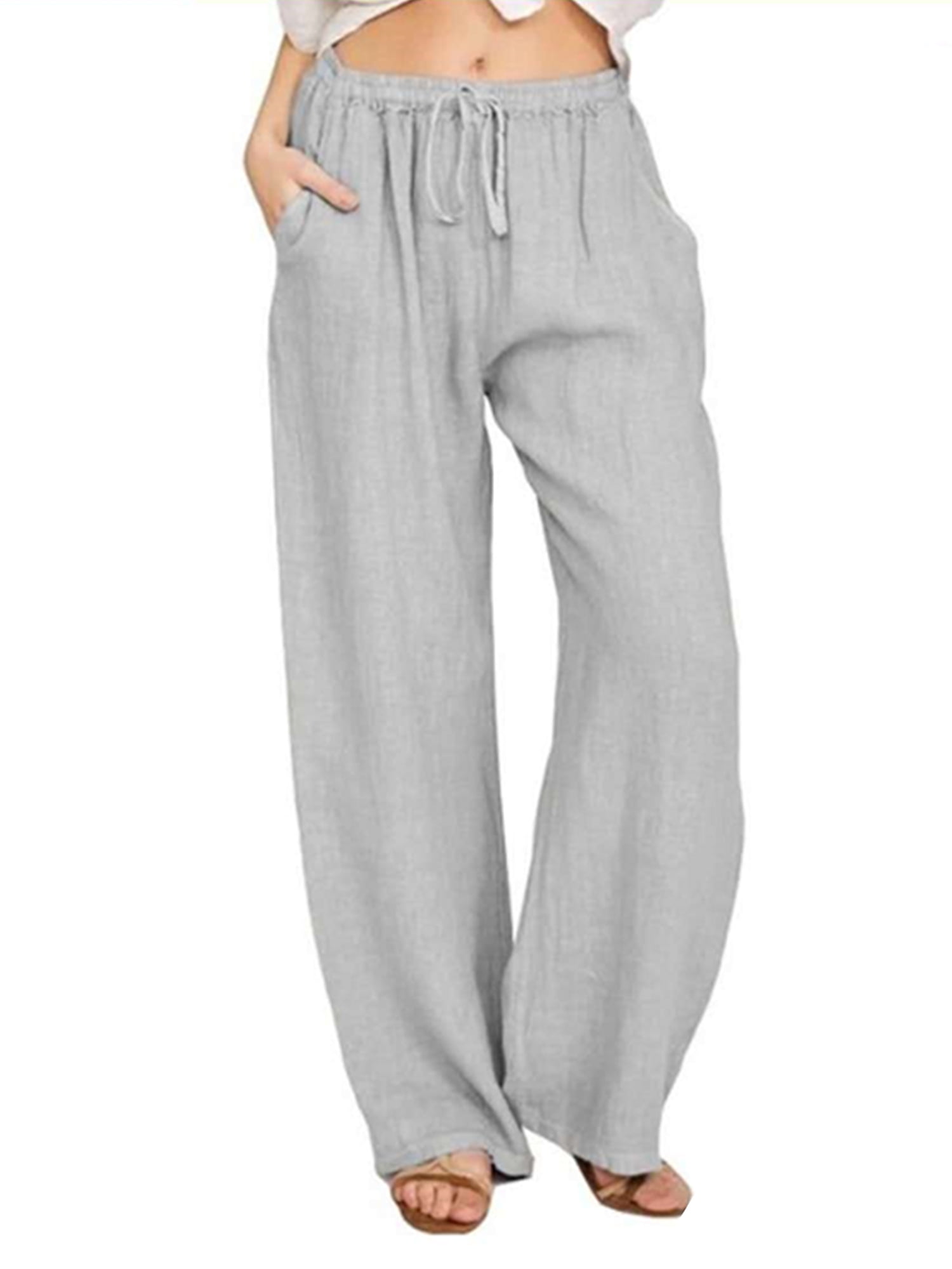 SZITOP Linen Pants for Women,Summer Smocked Waist Wide Leg Pants Casual Loose High Waisted Pants Lounge Trousers with Pockets 