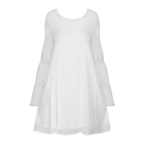 Gibobby Vestidos para Mujer Casuales Vestido de malla de encaje de gasa de manga larga con cuello redondo grueso grande para mujer de primavera(Blanco,XL)