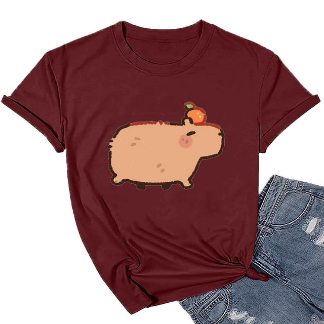 WILLBEST T-Shirts pour Dames T-Shirt Graphique Capybara Selfie Mignon Imprimé Dessin Animé Couleur