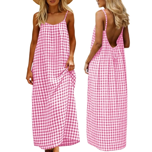 Amzcrzy Robes pour Femmes Mode à Carreaux Sans Manches Robes Maxi Été Col Rond Bretelles Spaghetti Robe de Vacances Confortable Dos Nu Robe Soleil L