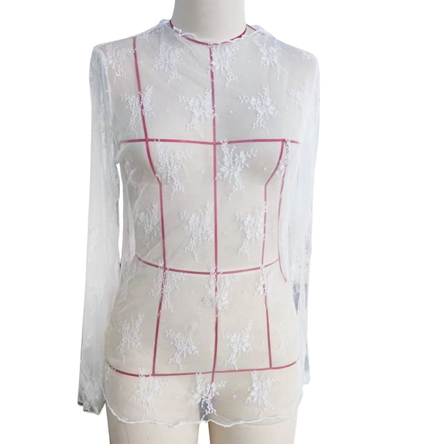 Top de encaje sin forro para mujer,Top de encaje de manga larga para mujer Top de encaje de manga larga sin forro Top de encaje semitransparente para mujer Estética elegante