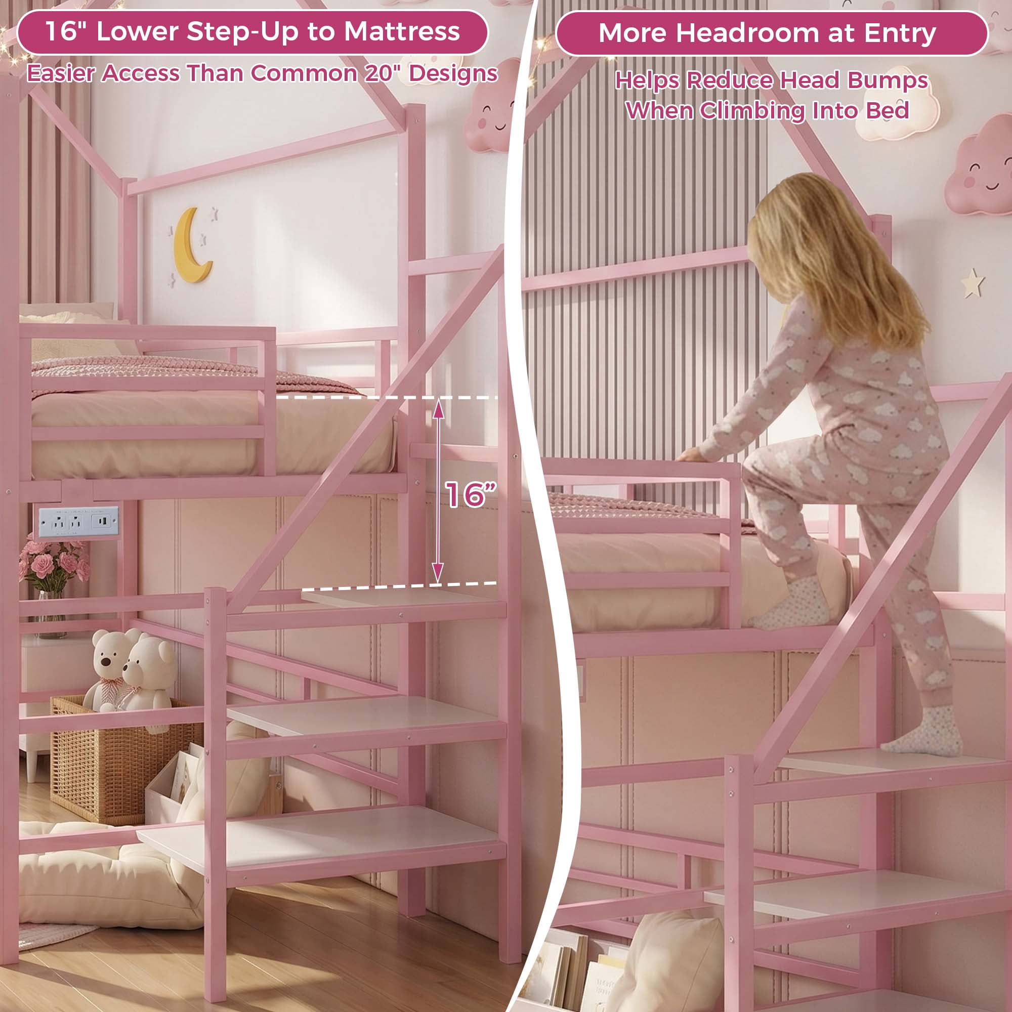 Miniyam Full Size Bunk Bed with Stairs, House Bed Design with Charging Station and Storage Bag Led Light, Pink