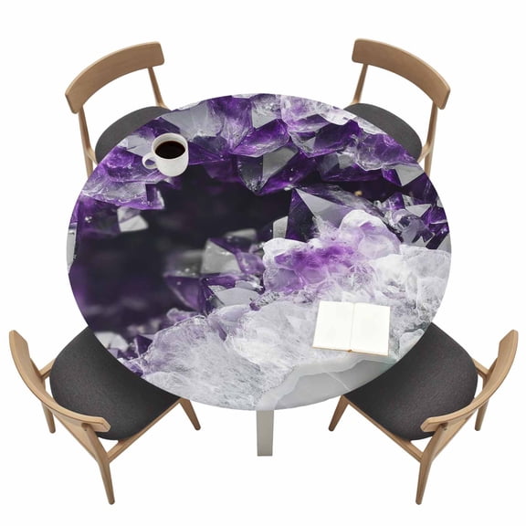 Purple Black Geometric Fitted Tablecloth with Elastic Edged, Round Table Cloth for Dining Table, Modern Abstract Crystals Artwork Waterproof Oil Proof Table Cover for Indoor Outdoor 45"-54"