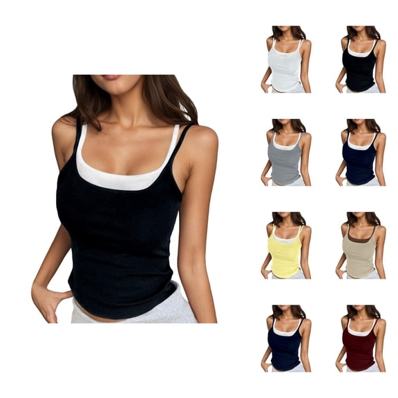 Cropped Tank Tops for Women Summer Layered Look Spaghetti Strap Slim Fitted Padded Camisole Y2k Going out Tops