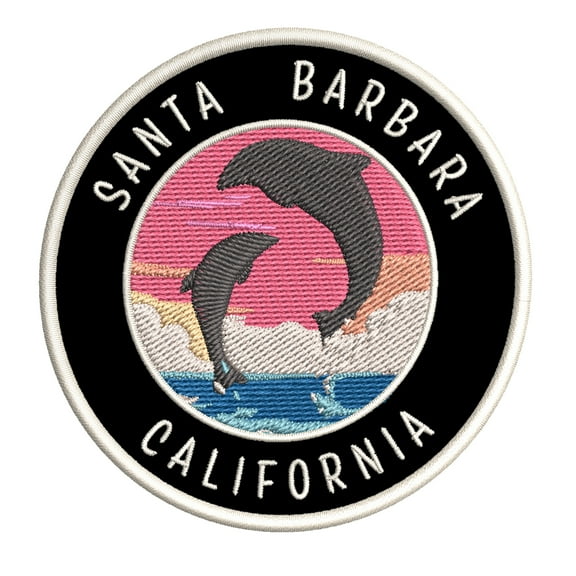Santa Barbara, California Dolphin Sunset 3.5 Inch Iron Or Sew On Embroidered Fabric Badge Patch Ocean Beach, Salt Life Iconic Series